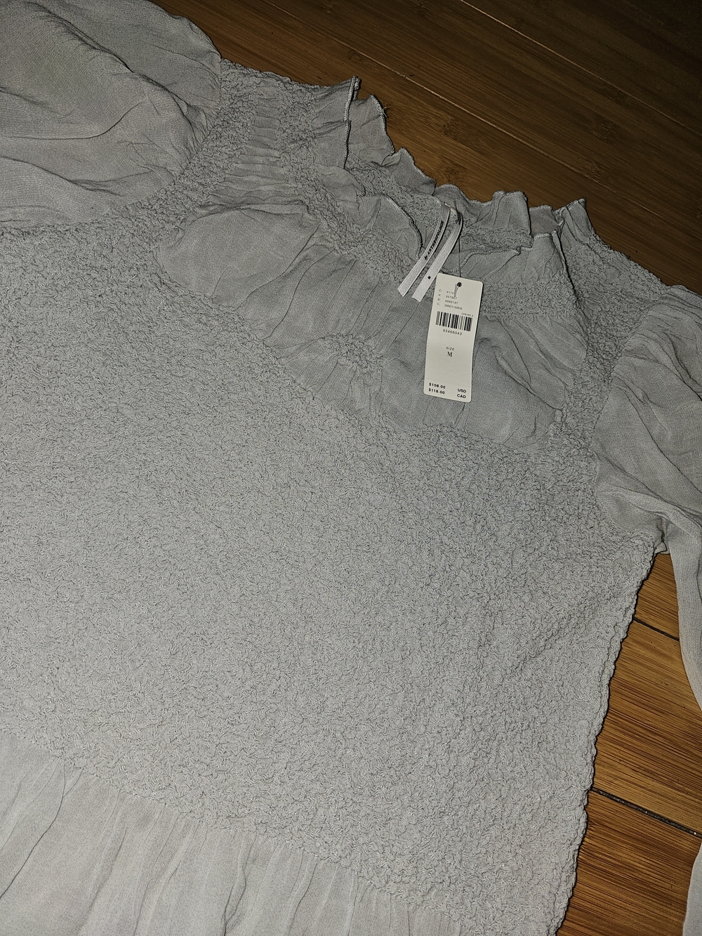 NWT Anthroplogie Smocked Ruffle Hem Long-Sleeve Top in Light Gray/Green - Picture 6 of 8
